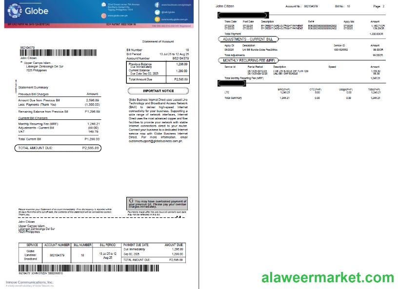 Philippines Globe utility bill template in Word and PDF formats, 2 pages